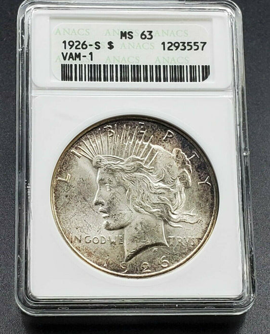 1926 S Peace Silver Dollar Variety Coin ANACS MS63 VAM-1 Vam 1