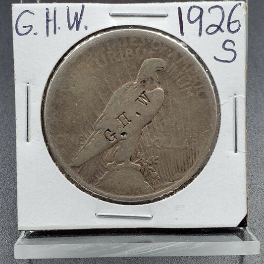 1926 S $1 Peace Silver Eagle Dollar Coin COUNTER STAMPED G. H. W. CIRCULATED