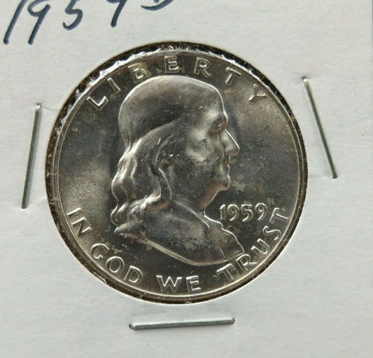 1959 D Franklin Silver 90% Half Dollar Coin AVG / Choice BU Uncirculated