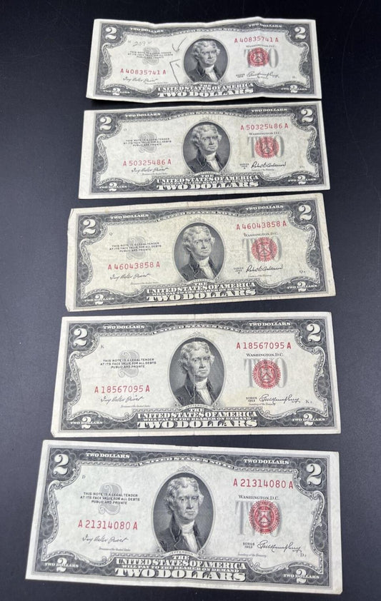 Lot of 5 1953 $2 Two Dollar United States Red Seal Legal Tender Cull thru VG #2