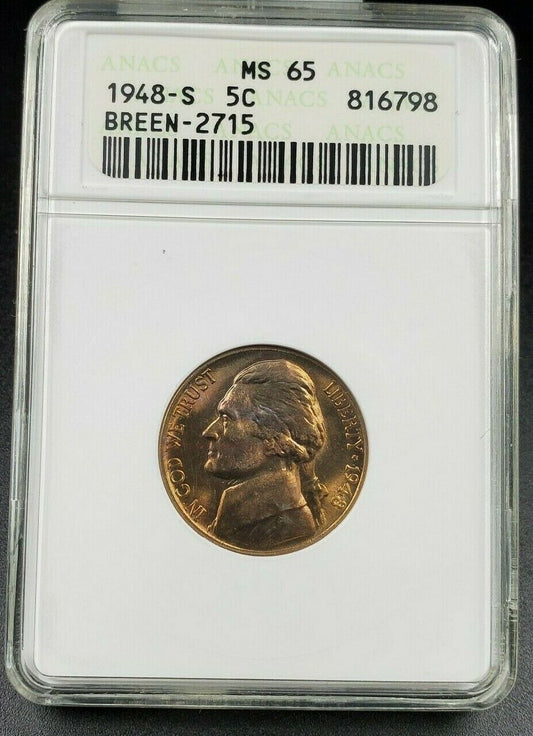 1948 S Jefferson Nickel Coin Vintage ANACS MS65 Knob Tailed S Breen-2715