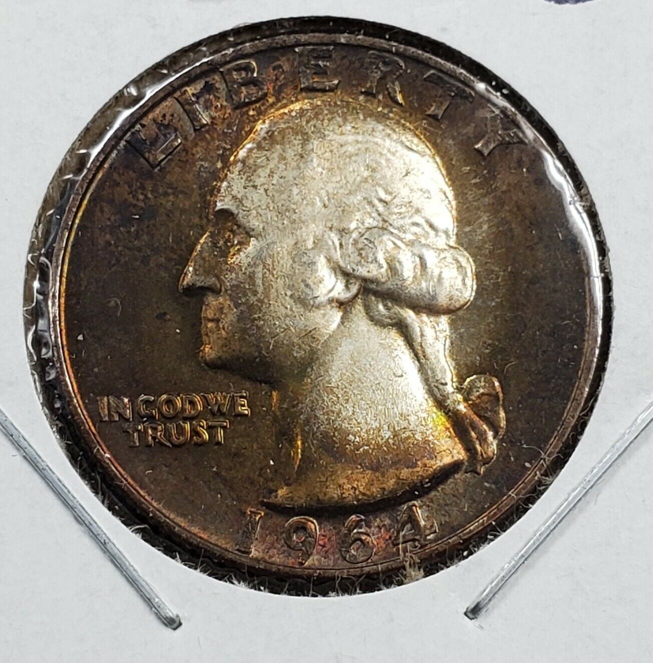 1964 p Washington Silver Quarter Coin BU Uncirculated PQ END of Roll Toning Tone