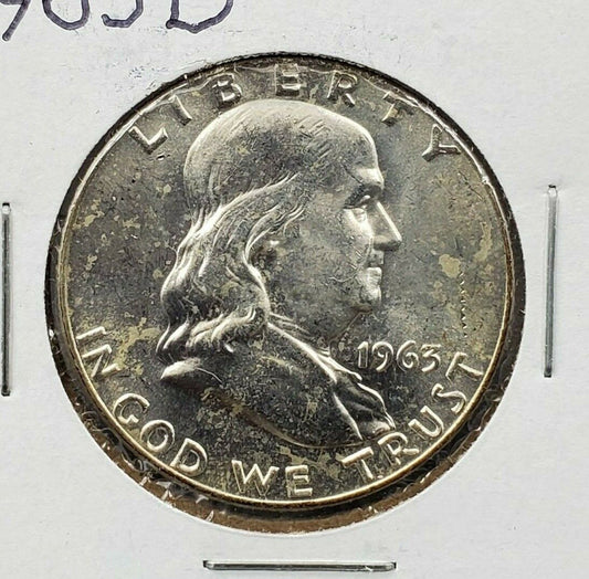 1963 D Franklin Silver Half Dollar Coin Average BU Uncirculated Some Toning