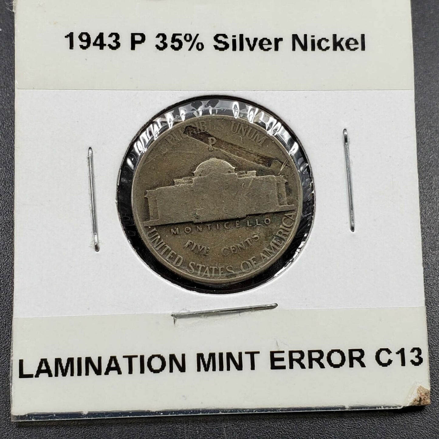 1943 P Type 2 Jefferson Silver WW2 Era Nickel BIG Laminated Planchet Error Coin