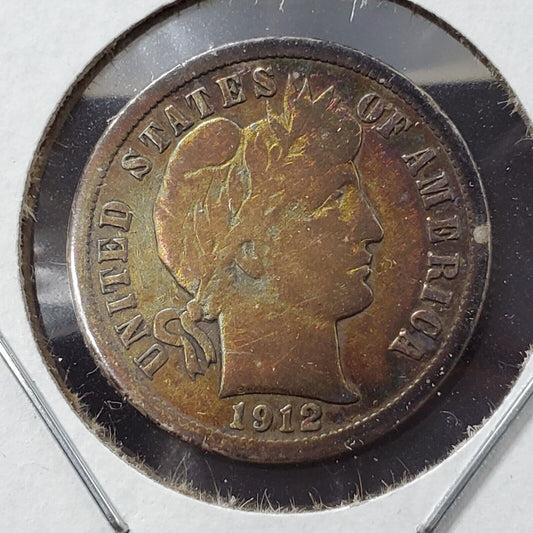 1912 D Barber DIME Silver Coin PQ Circ Toning Fine / VF Toner