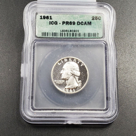 1961 P Washington Silver Quarter Coin ICG PR69 Cam Cameo Proof Gem No Toning 25c
