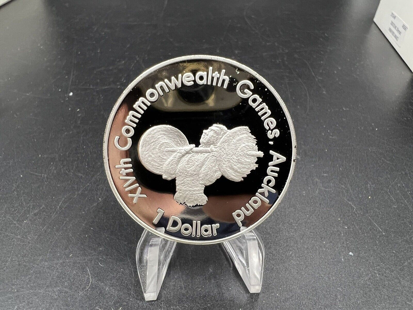 1989 Auckland commonwealth games gem proof New Zealand silver coin Weight Lifter