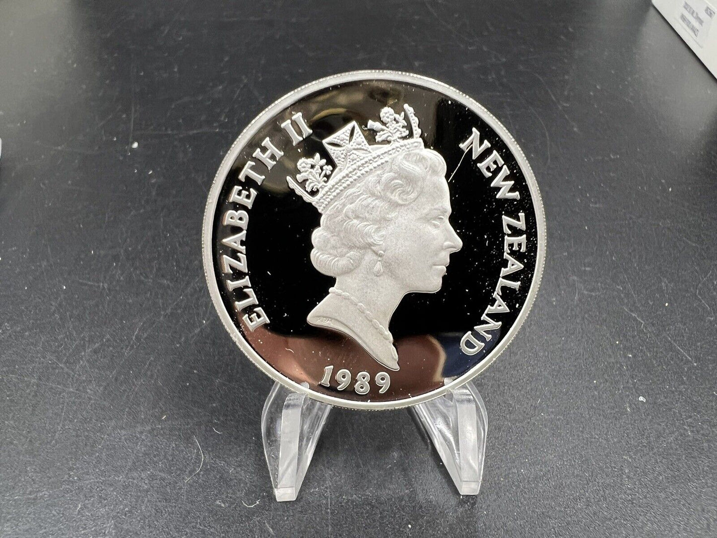 1989 Auckland commonwealth games gem proof New Zealand silver coin Weight Lifter