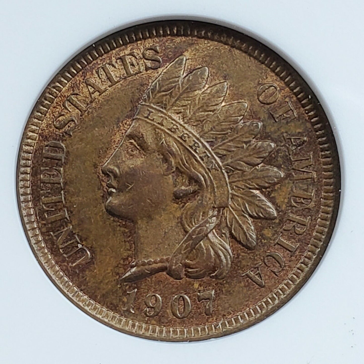 1907 P Indian Cent Penny Coin ANACS MS62 RB RPD S-47 Repunched Date Specimen