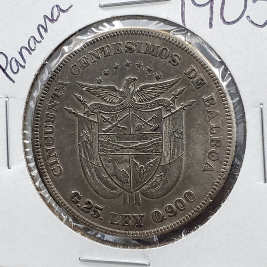 1905 Panama Silver 50 Cincuenta Fifty Centesimos Silver Coin VF Semi Key Date