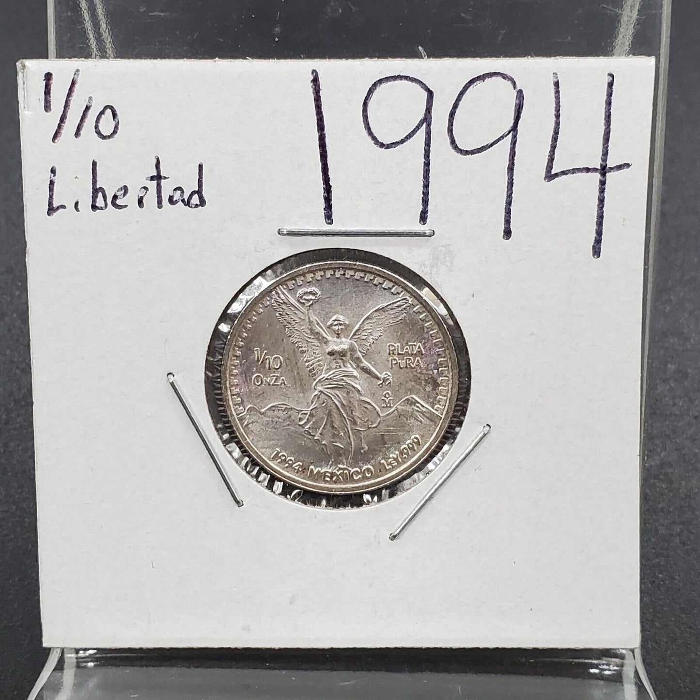 1994 Mexico Libertad  1/10 ounce Silver Coin  Pure Silver .999 Neat Toning Toner