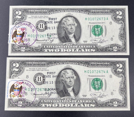 2 Consecutive 1976 $2 Bicentennial Two Dollar Postal Bills CH UNC El Dorado IL B