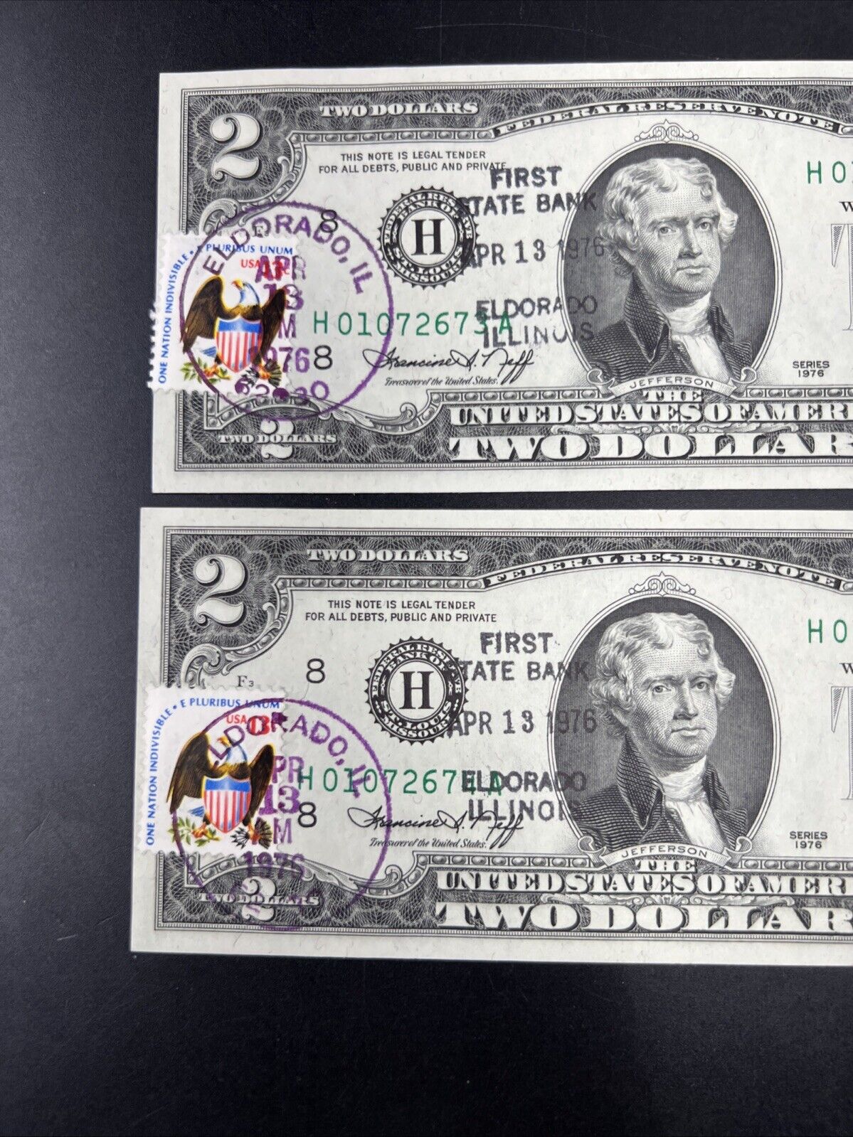 2 Consecutive 1976 $2 Bicentennial Two Dollar Postal Bills CH UNC El Dorado IL B