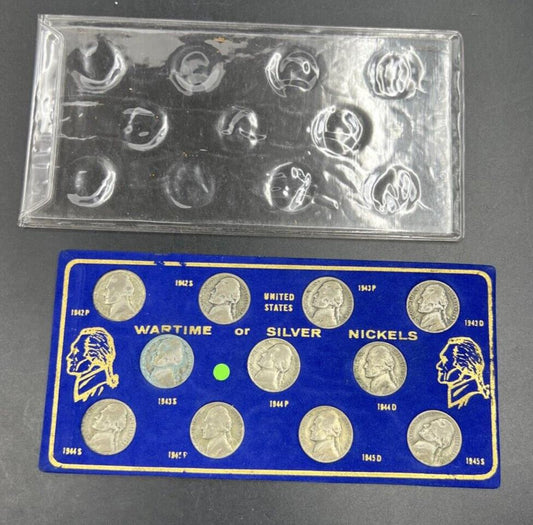 1942 1943 1944 1945 Complete 11 Coin US 35% Silver War Nickel Coin Set in Card B