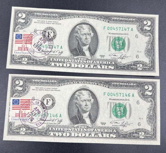 2 Consecutive 1976 $2 FRN Two Dollar Federal Reserve Postal Notes UNC Atlanta GA