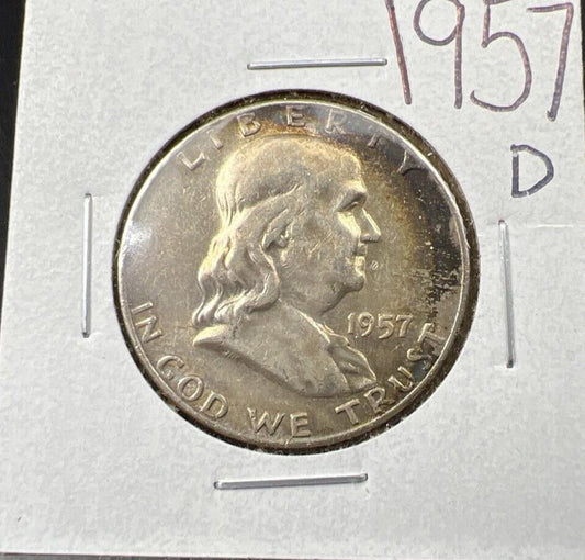 1957 D Franklin Half Dollar XF EF Extra Fine Circ Neat Toning