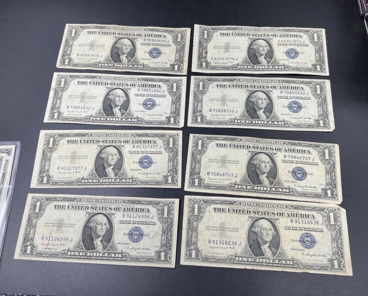 Lot of 8 1935 G $1 One Dollar Blue Seal Silver Certificate Fine + Circ #956