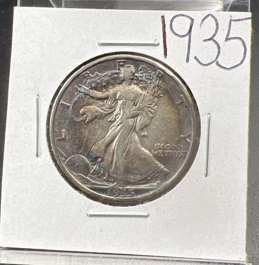 1935 P Walking Liberty Silver Half Dollar Coin VF / XF PQ Original Blue Toning