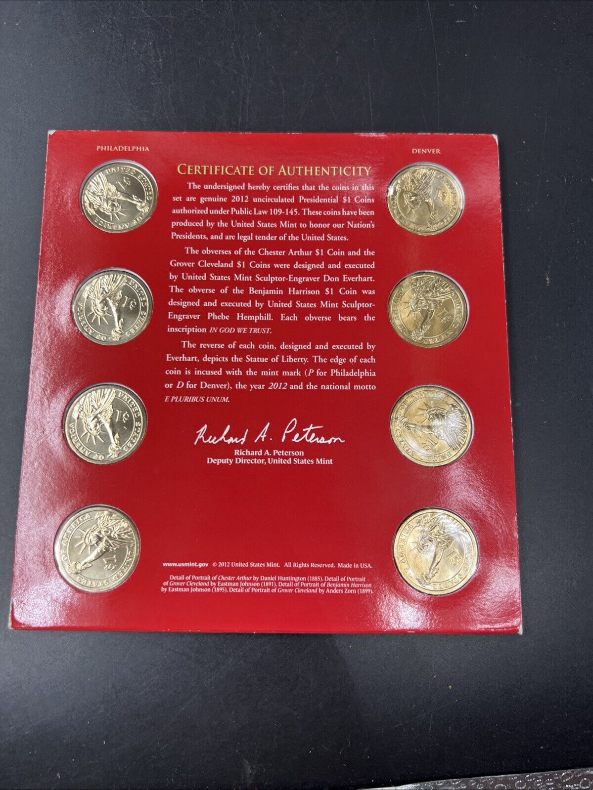 2012 US Mint Presidential 1$ Dollar 8 Coin Unc Uncirculated SET OGP