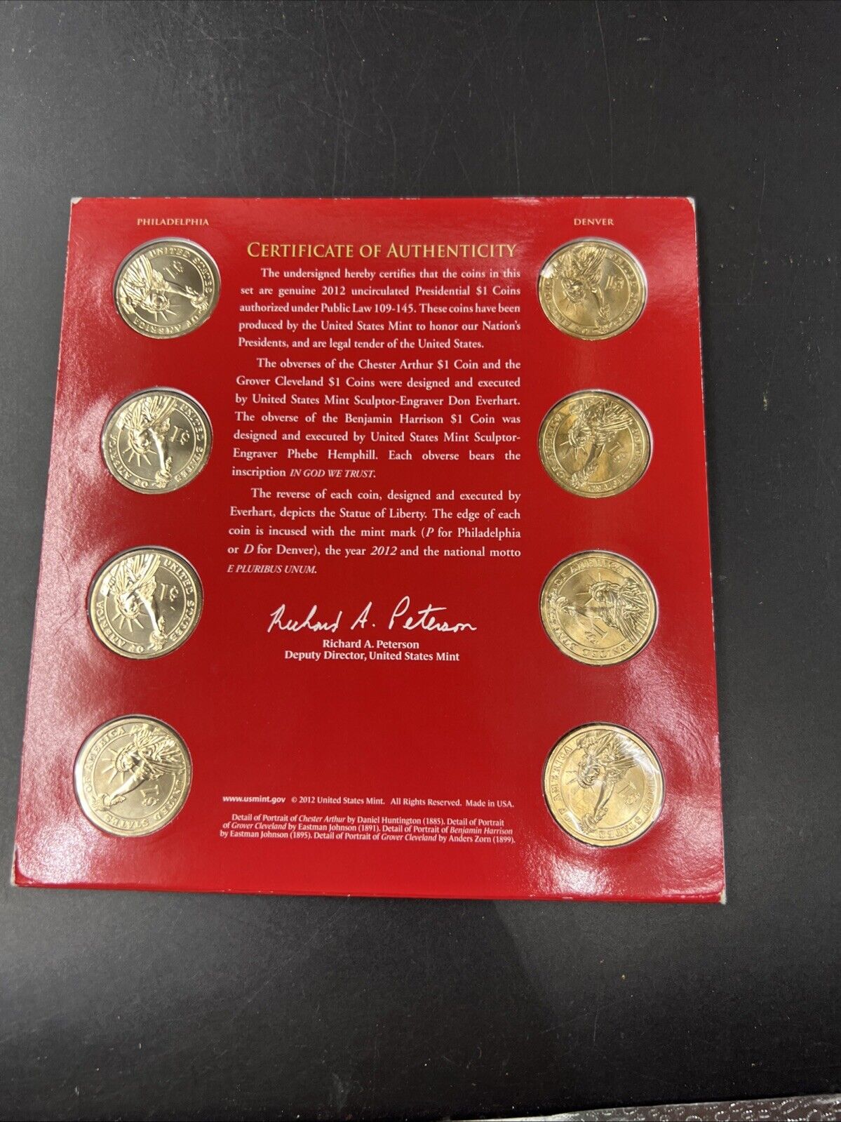 2012 US Mint Presidential 1$ Dollar 8 Coin Unc Uncirculated SET OGP
