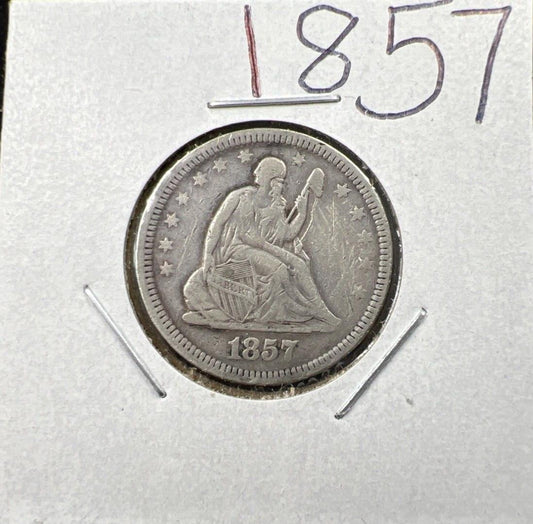 1857 25c Liberty Seated Quarter Silver Coin Fine Details Graffiti