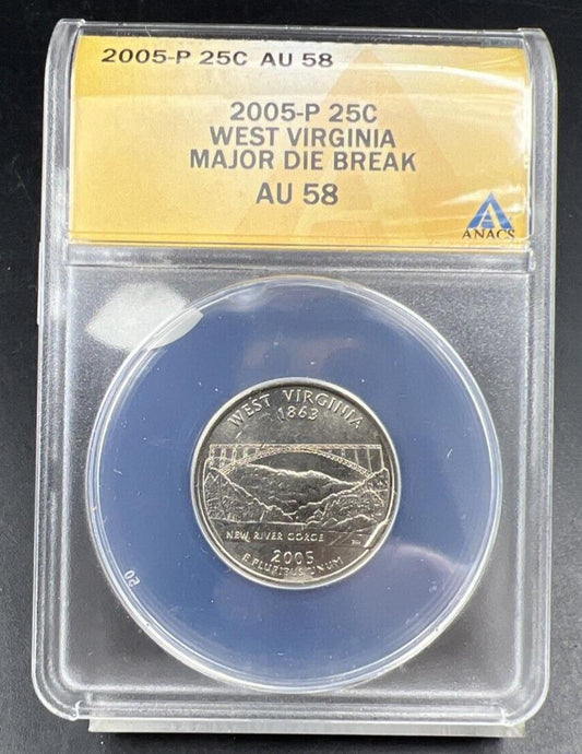 2005 West Virginia State Statehood Quarter ANACS AU58 Major Die Break Error #755