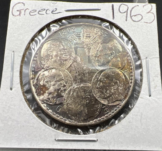 1963 Greece 30 Drachmai Silver Coin Choice AU About UNC Rainbow Toned OBV