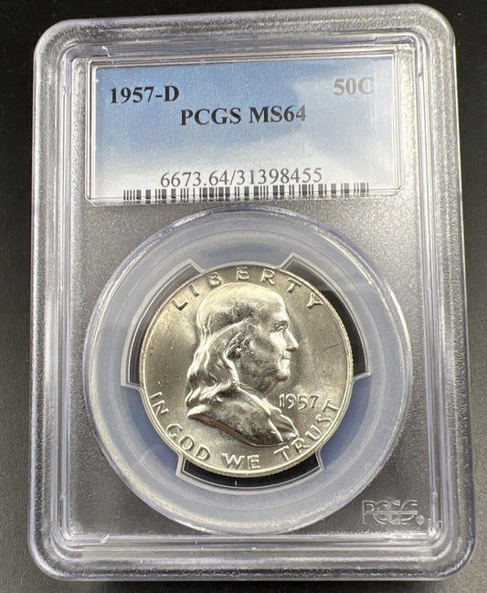 1957 D US Franklin Silver Half Dollar Coin PCGS MS64 CH BU FBL Full Bell Line