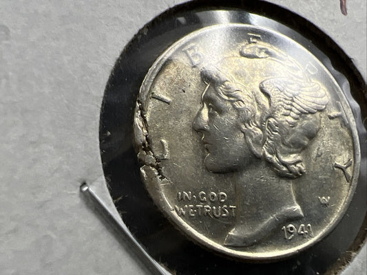 1941 P Mercury Silver Dime Coin w/ Major Planchet Flaw Error AU About UNC