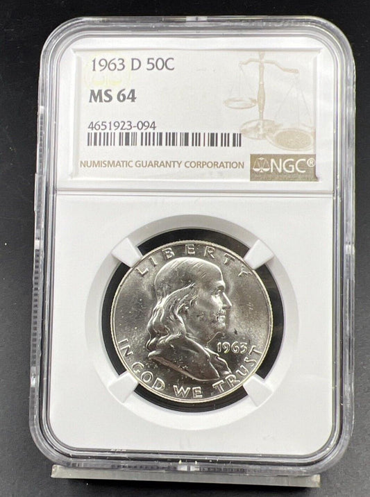 1963 D US Franklin Silver Half Dollar Coin NGC MS64 Choice BU Certified #094