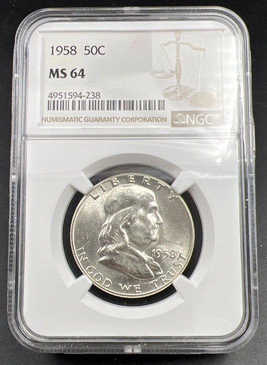 1958 P US Franklin Silver Half Dollar Coin NGC MS64 Choice BU Certified #238