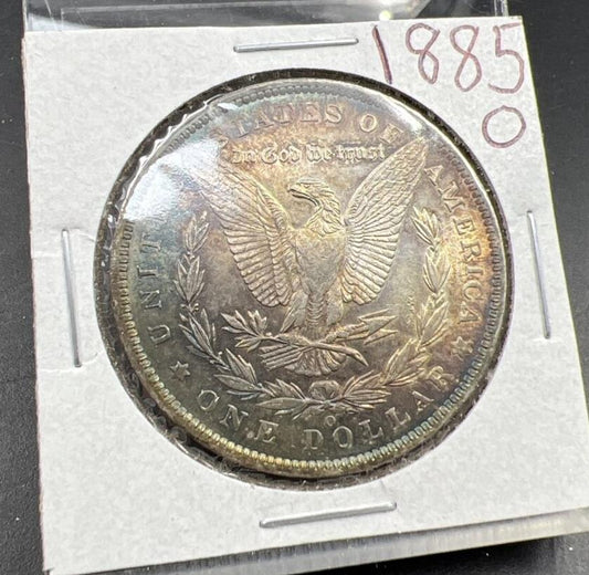 1885 O Morgan Silver Dollar Coin Choice AU PQ Toning Toner Reverse