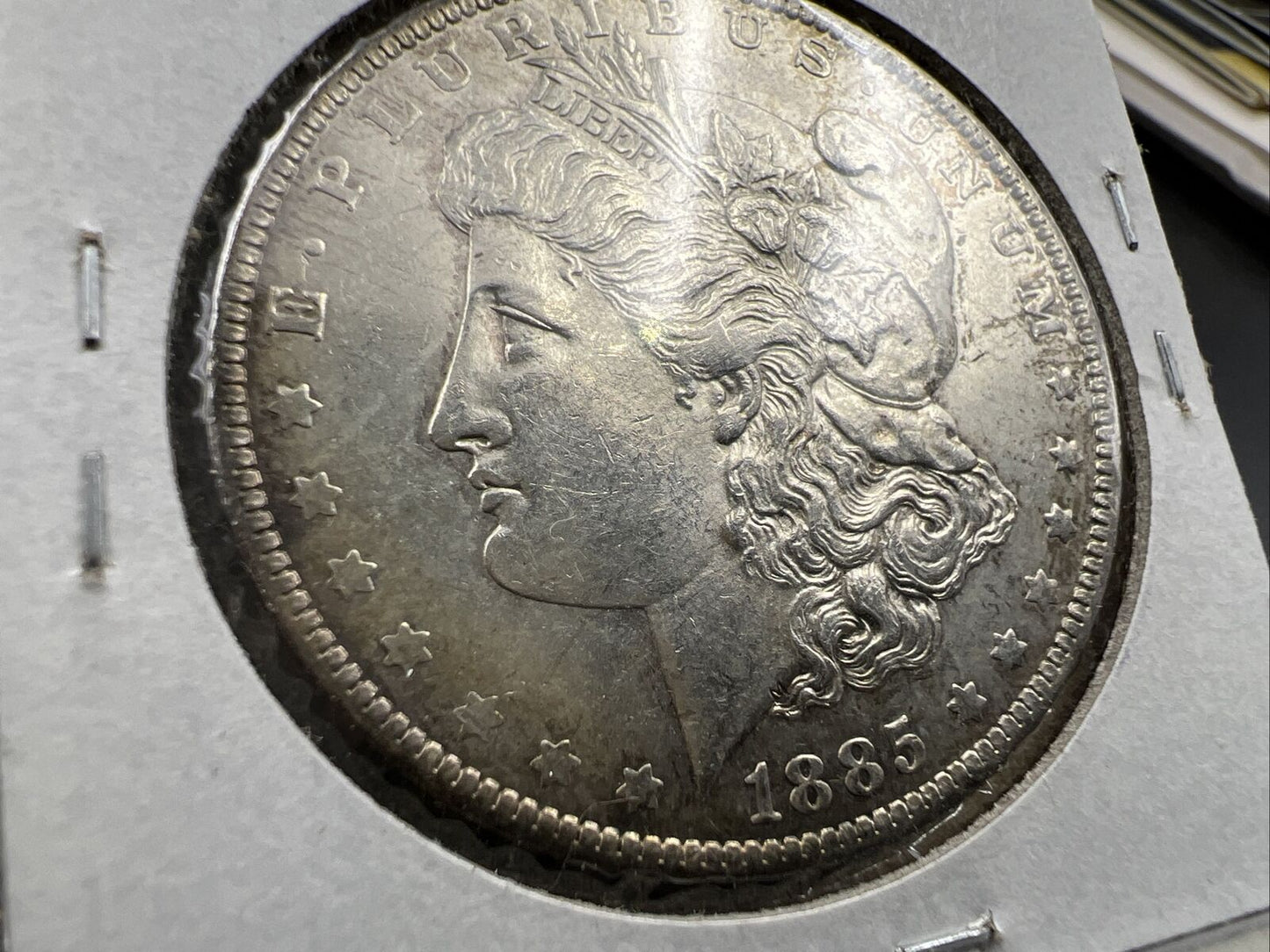 1885 O Morgan Silver Dollar Coin Choice AU PQ Toning Toner Reverse