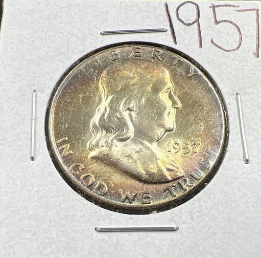 1957 P 50c Franklin Silver Half Dollar Coin PQ Toning Toner OBV CH BU UNC