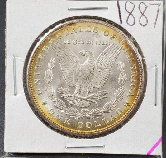 1887 P $1 Morgan Silver Dollar Coin BU UNC Nice Halo Toning Reverse