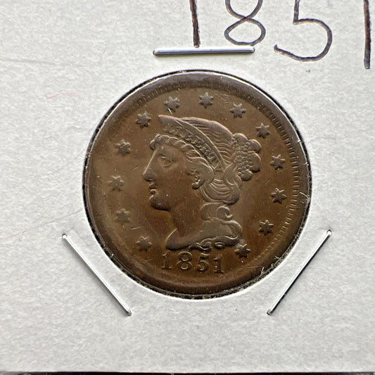 1851 1c Braided Hair Large Cent Coin OBV Struck Thru Grease Error XF EF Details