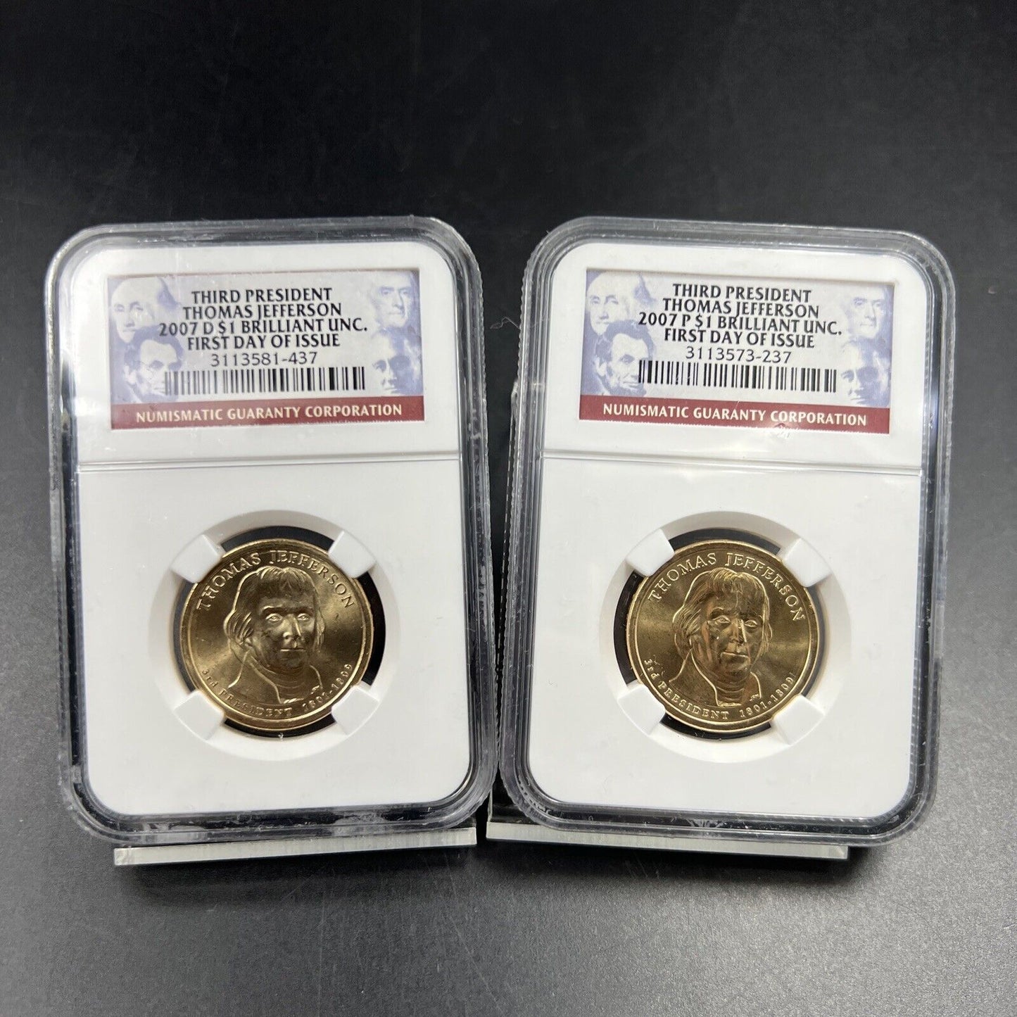 2007 P & D $1 Thomas Jefferson Presidential Dollar Two Coin Set NGC FDOI BU