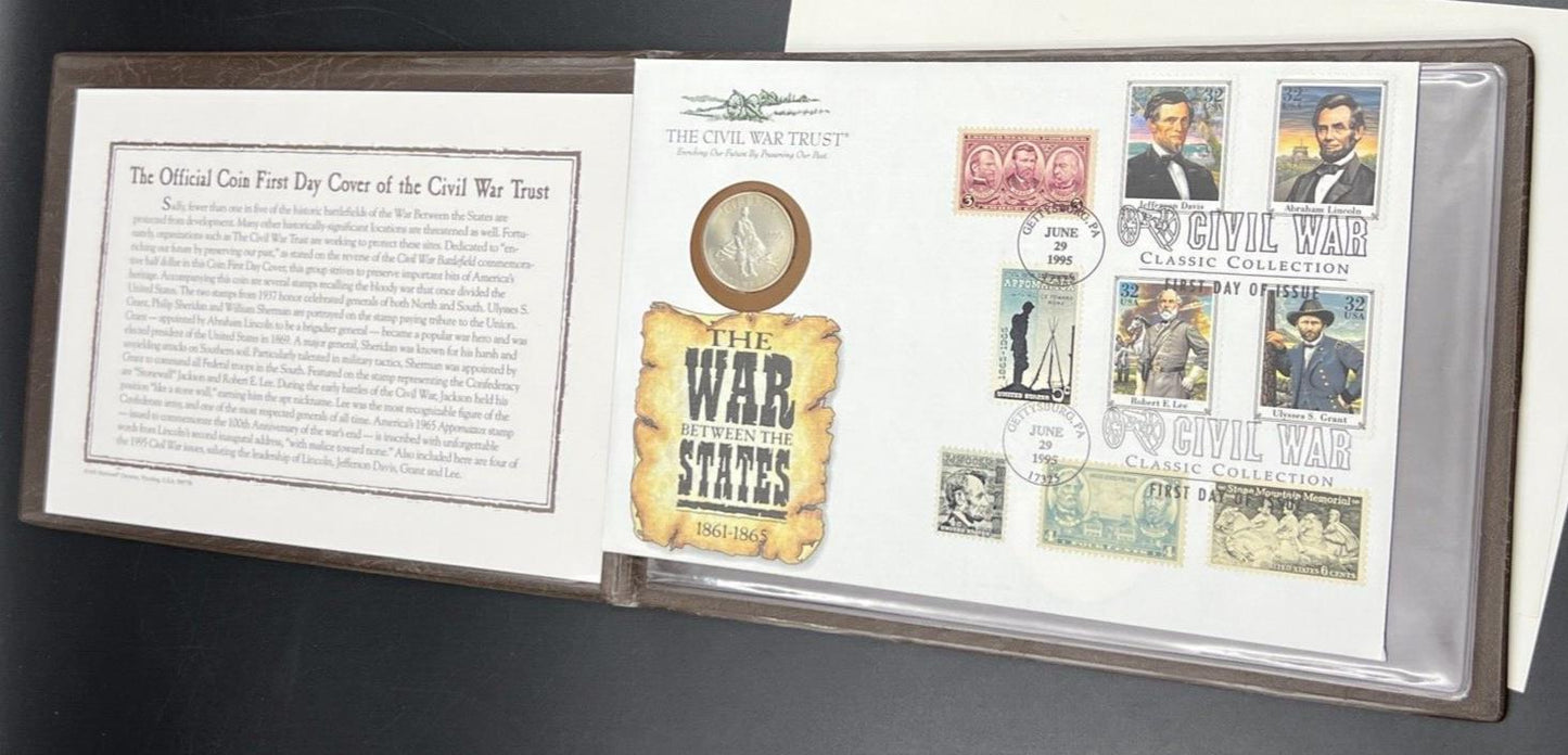 1995 Civil War Commemorative Half Dollar Coin with Stamps in Leather Display