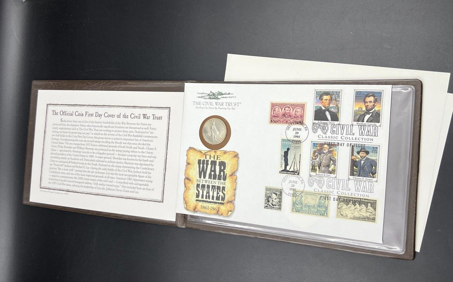 1995 Civil War Commemorative Half Dollar Coin with Stamps in Leather Display