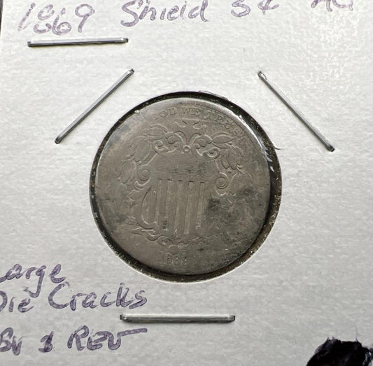 1869 Shield Nickel Five Cents Coin AG Details Bent