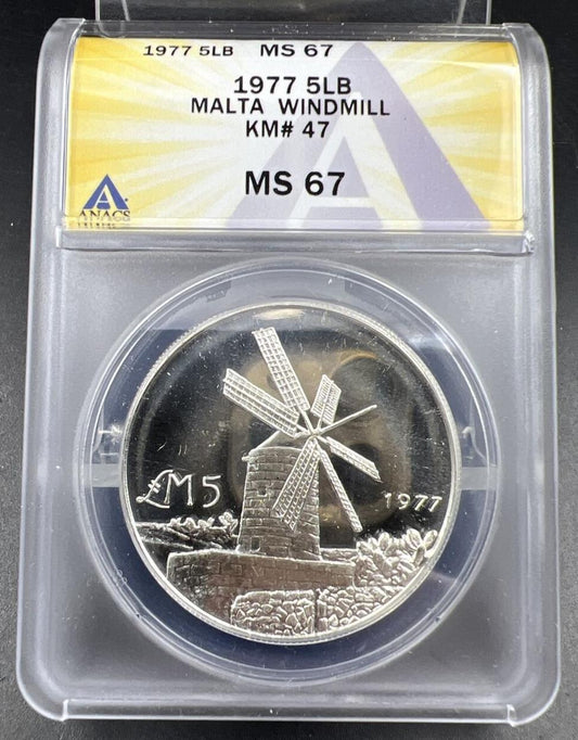 1977 Malta 5 Pounds Liri Windmill Silver Coin KM47 MS67 GEM BU ANACS Top Pop
