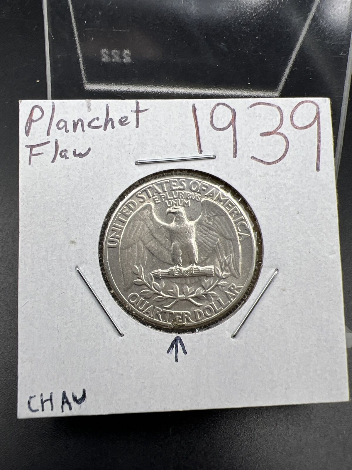 1939 P 25c Washington Silver Quarter Coin AU With Planchet Flaw Error
