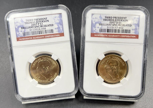 2007 P & D $1 Thomas Jefferson Presidential Dollar Two Coin Set NGC BU Certified