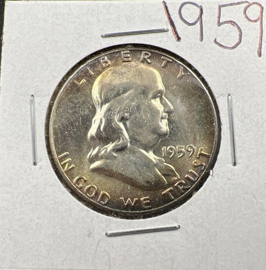 1959 P 50c Franklin Silver Half Dollar Coin Neat Toning Toner CH BU UNC