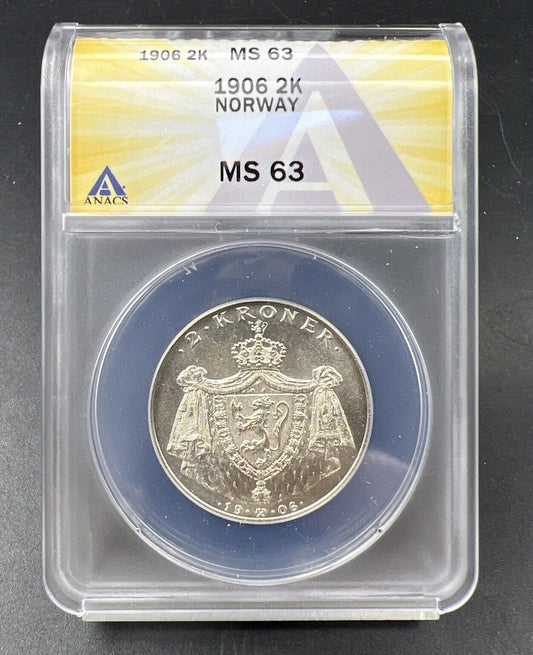 1906 Norway 2 Kroner Silver Coin ANACS MS63 Choice BU UNC Certified