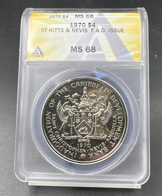 1970 F.A.O Saint Kitts & Nevis Banana 4 Dollars Coin ANACS MS68 Gem BU Top Pop