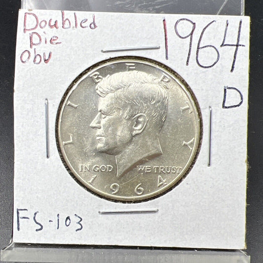 1964 D 50C Kennedy Half Dollar Coin Choice BU UNC DDO Double Die OBV FS-103