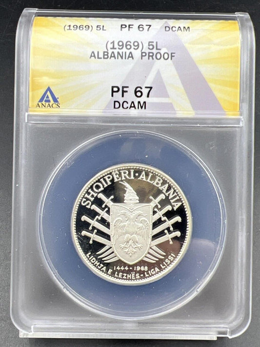1969 Albania 5 Leke Gem Proof Silver Coin ANACS PF67 DCAM
