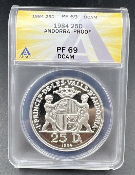 1984 Andorra 25 Diners Rare Proof Silver Coin ANACS PF69 DCAM