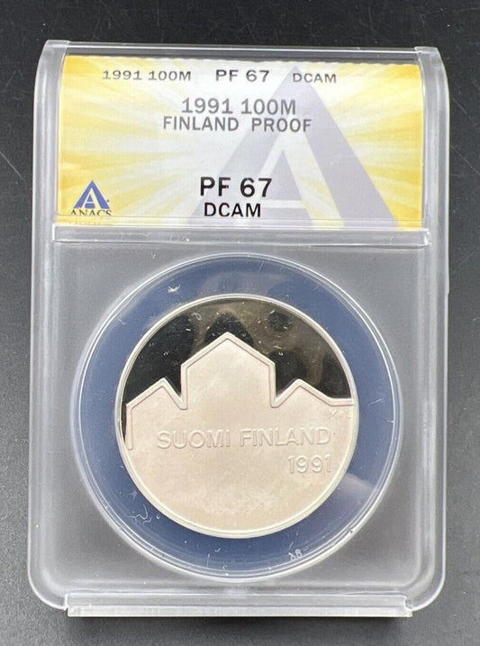 1991 Finland 100m 100 Markkaa PL Proof Silver Hockey Goalie Coin ANACS PF67 DCAM